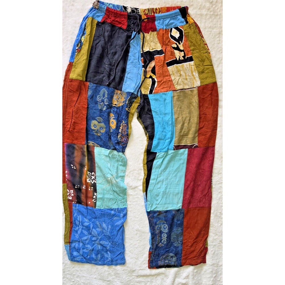 VTG Patchwork Pants Boho Hippie Festival Wide Leg Baggy Colorful Cotton L NWOT